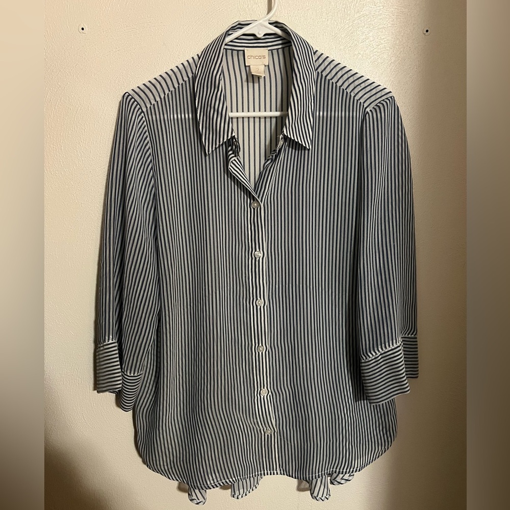 CHICO'S Classic Sheer Striped Casual Button Down Blouse Blue White Women's‎ Sz L